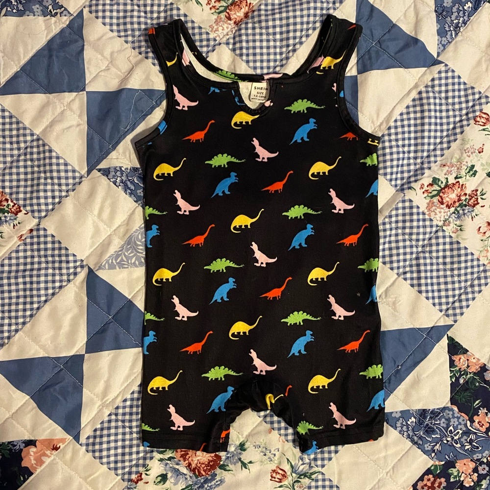 SHEIN Unisex Baby Toddler Black Romper w/ Colorful Dinosaurs - Gently Used